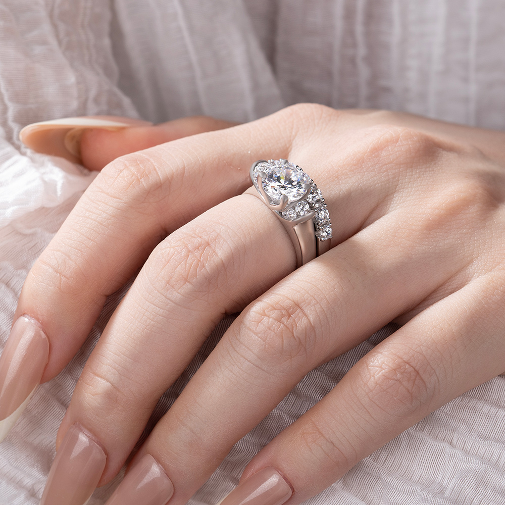 Round Cut Diamond White Art Deco 925 Sterling Silver Ring Set