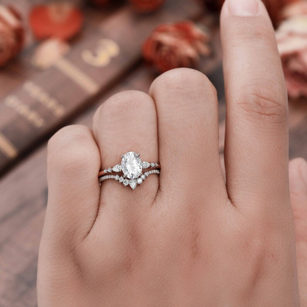 Oval Cut Diamond White Classic 3-Stone 925 Sterling Silver Ring Set