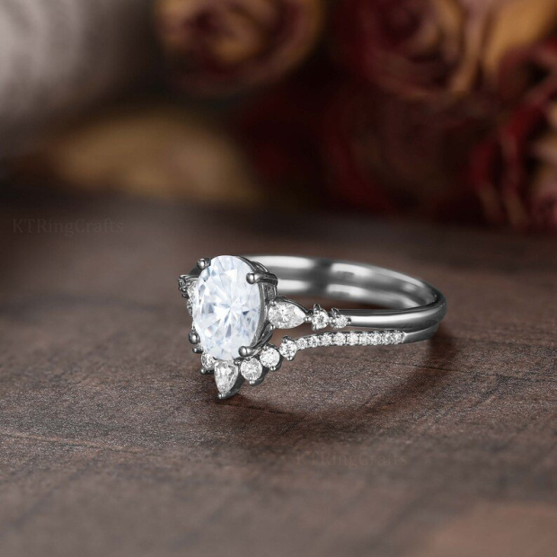 Oval Cut Diamond White Classic 3-Stone 925 Sterling Silver Ring Set