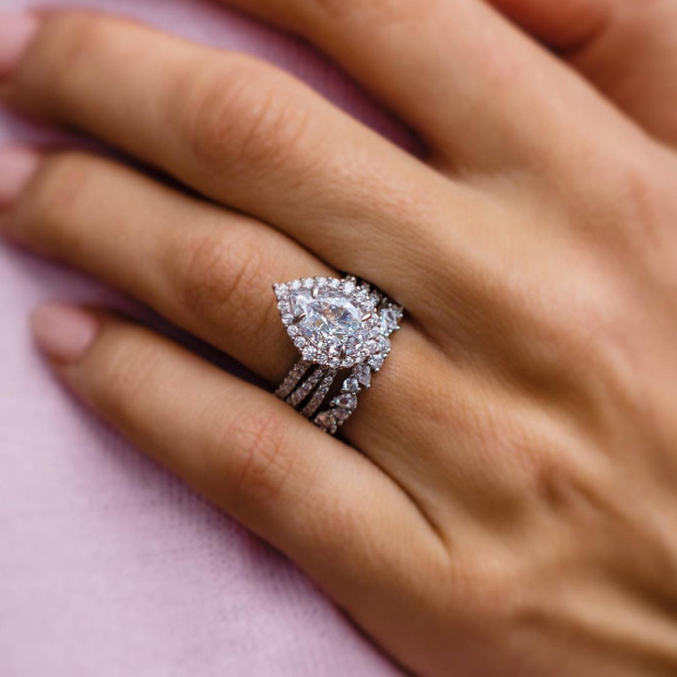 Pear Cut Diamond White Halo 3-Piece 925 Sterling Silver Ring Set