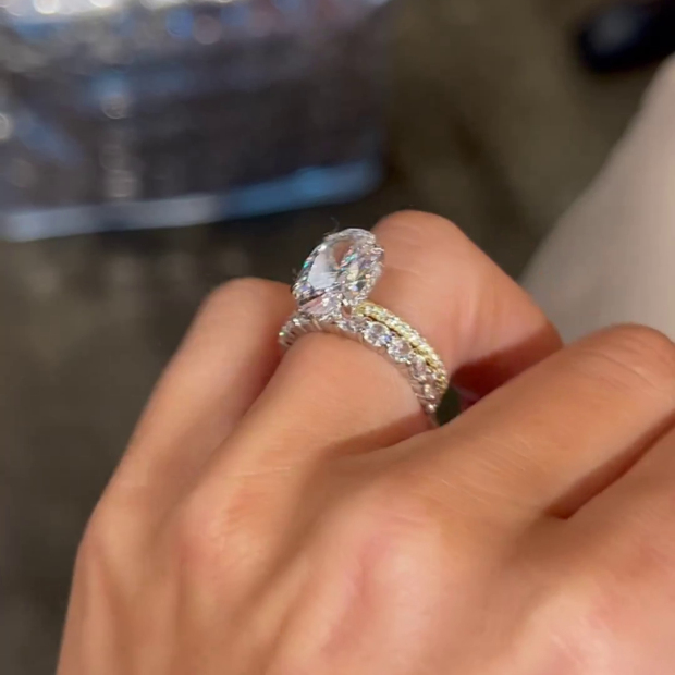 Oval Cut Diamond White Classic Yellow Gold 925 Sterling Silver Ring Set