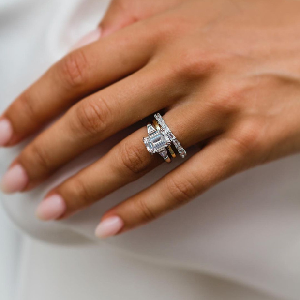 Emerald Cut 3-Stone Diamond White 925 Sterling Silver 3-Piece Ring Set