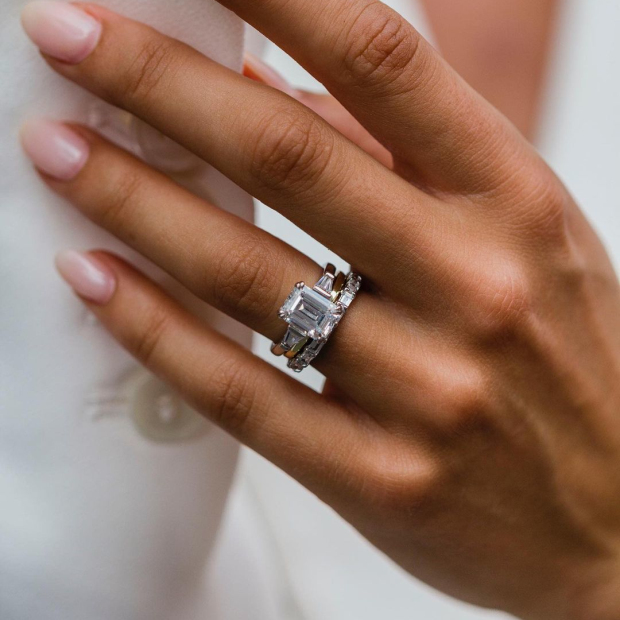 Emerald Cut 3-Stone Diamond White 925 Sterling Silver 3-Piece Ring Set