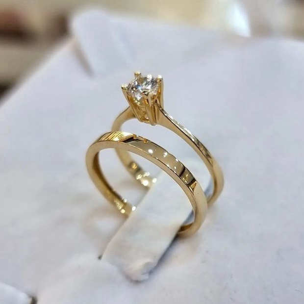 Round Cut Diamond White Solitaire Yellow Gold 925 Sterling Silver Ring Set