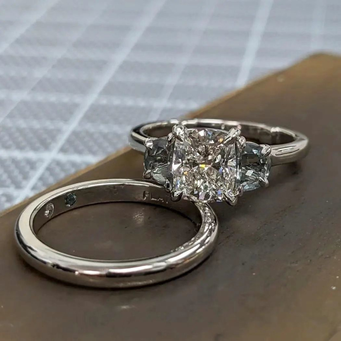 Cushion Cut Diamond White 925 Sterling Silver 3-Stone Ring Set