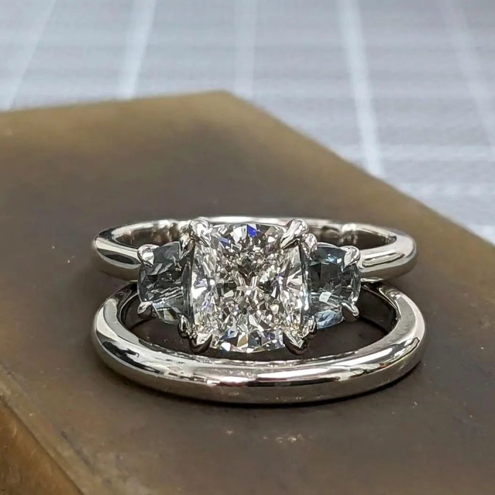 Cushion Cut Diamond White 925 Sterling Silver 3-Stone Ring Set