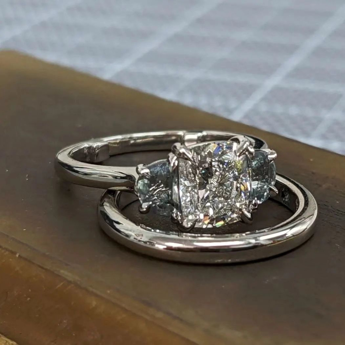 Cushion Cut Diamond White 925 Sterling Silver 3-Stone Ring Set