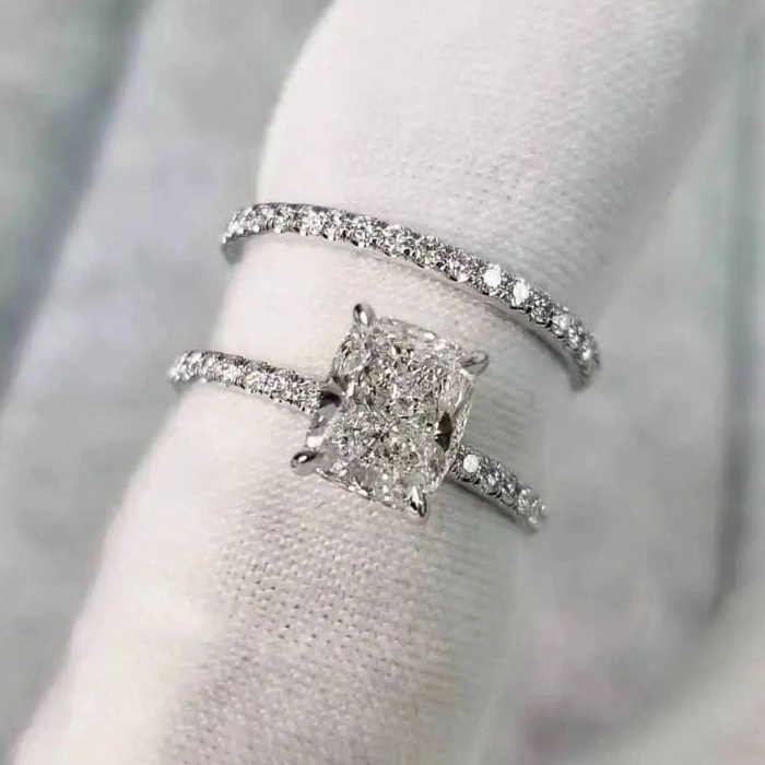 Radiant Cut Diamond White 925 Sterling Silver Classic Ring Set