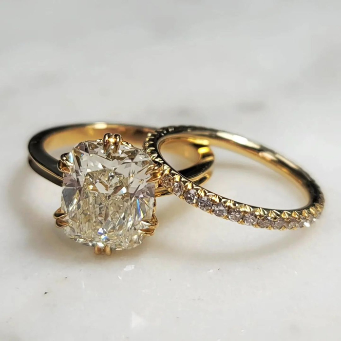 Cushion Cut Diamond White 925 Sterling Silver Yellow Gold Classic Ring Set