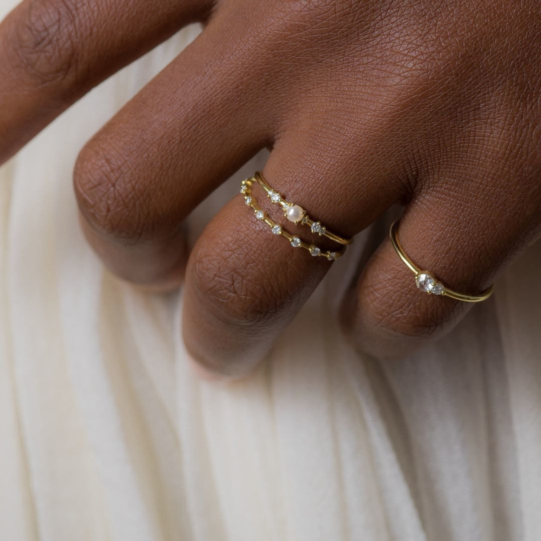 Round Pearl 925 Sterling Silver Yellow Gold 3-piece Stackable Minimalist Ring Set