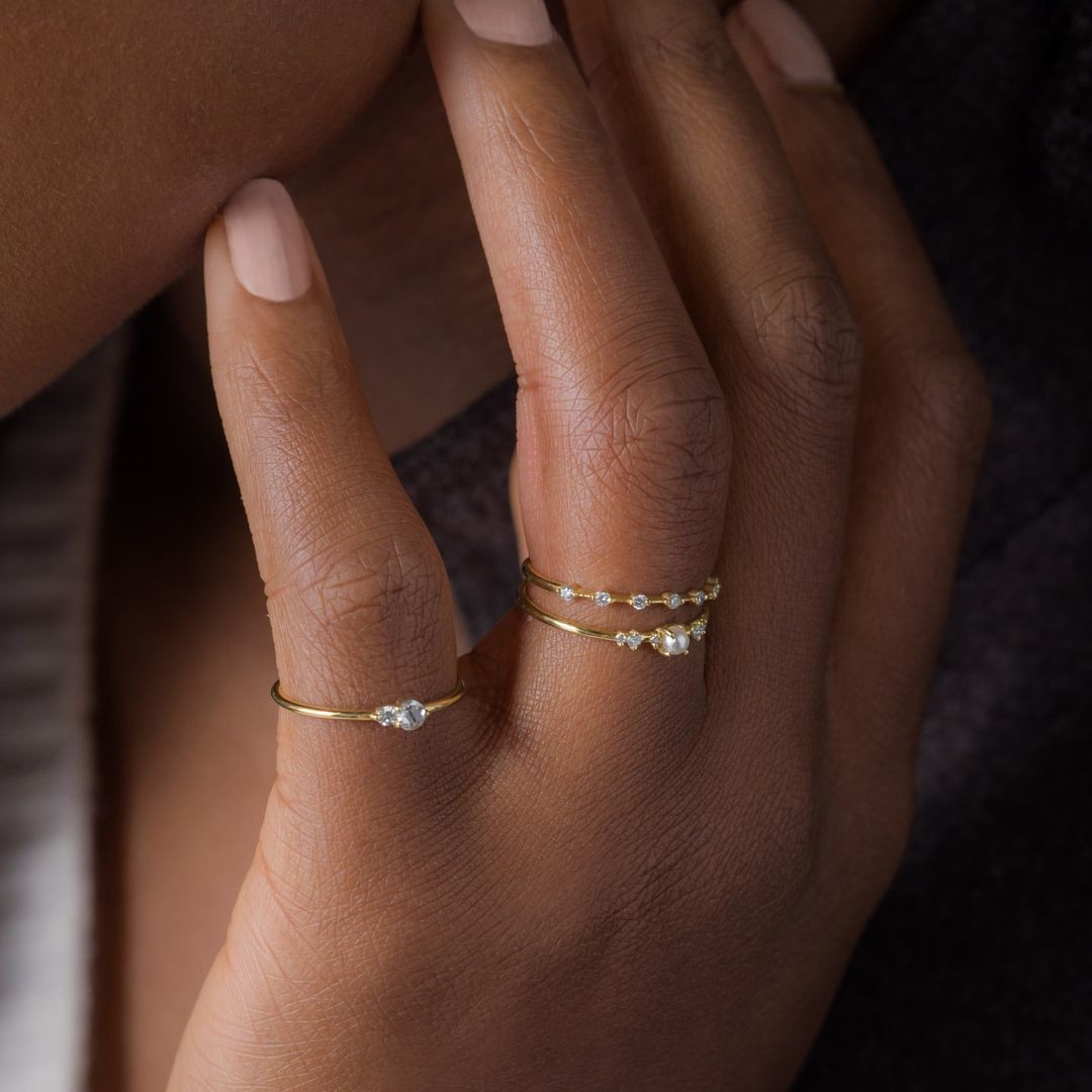 Round Pearl 925 Sterling Silver Yellow Gold 3-piece Stackable Minimalist Ring Set