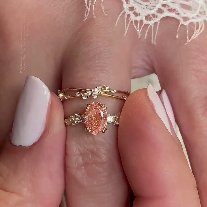 Oval Cut Fancy Pink 925 Sterling Silver Yellow Gold Art Deco Ring Set