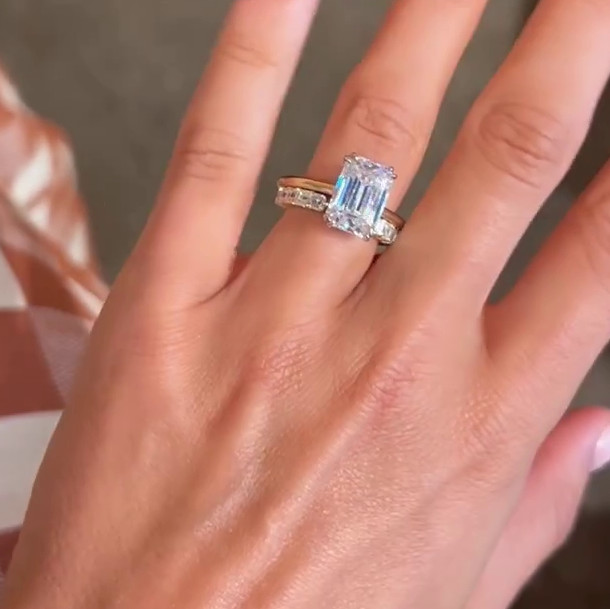 Emerald Cut Diamond White 925 Sterling Silver Yellow Gold Solitaire Ring Set