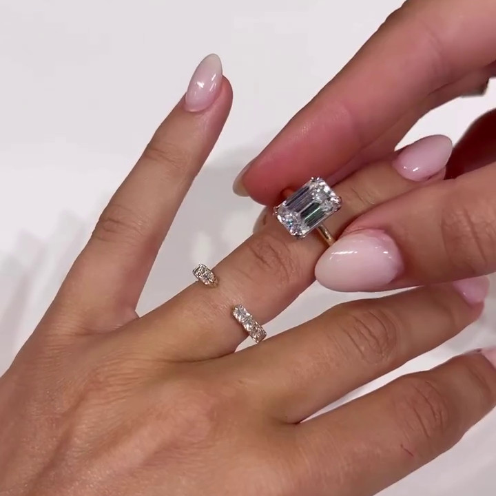 Emerald Cut Diamond White 925 Sterling Silver Yellow Gold Solitaire Ring Set