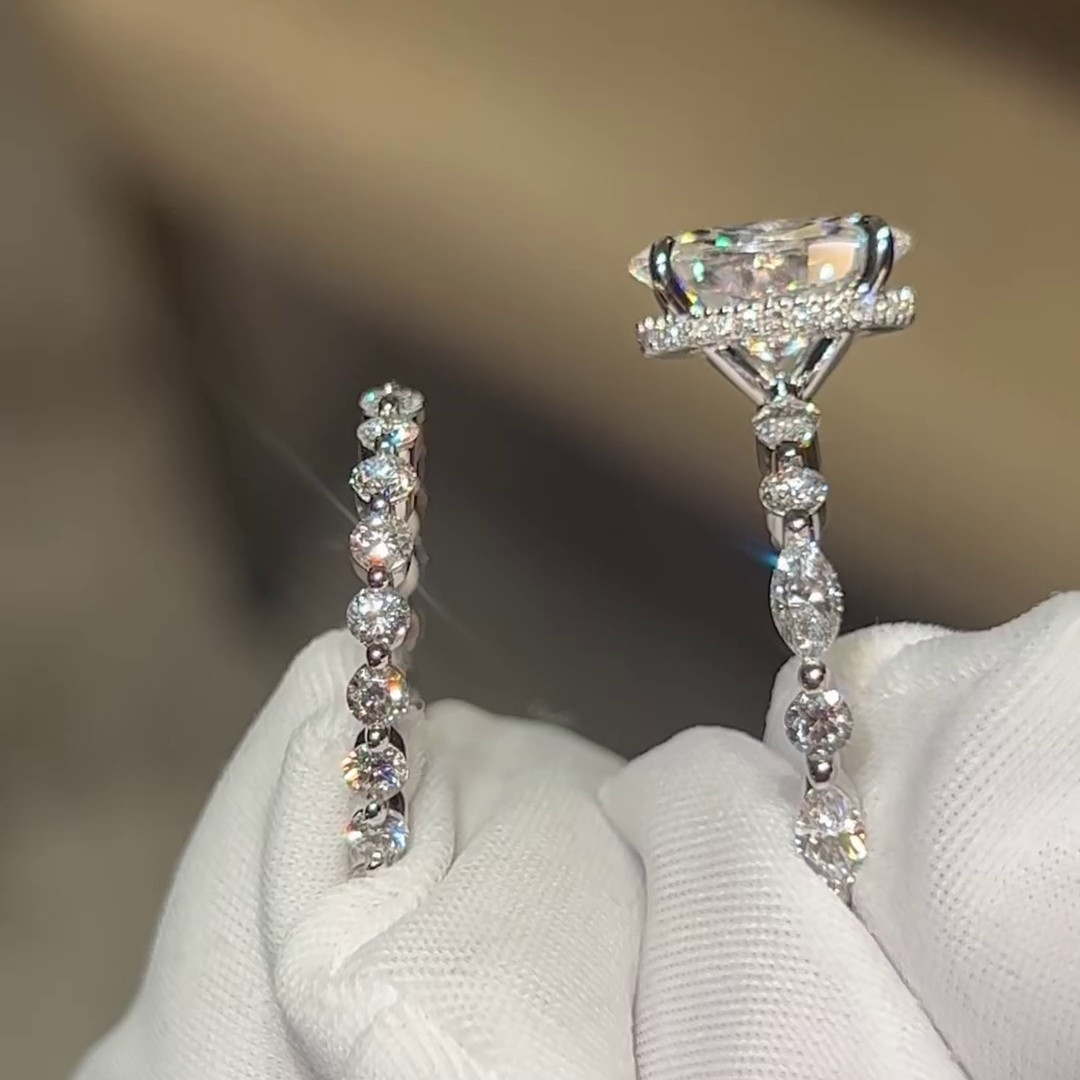 Oval Cut Diamond White 925 Sterling Silver Hidden Halo Ring Set