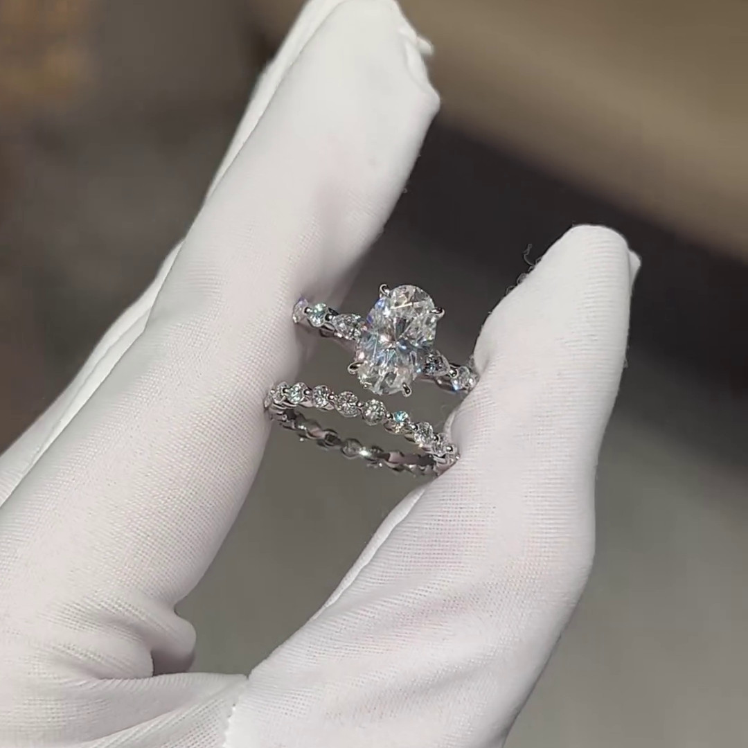 Oval Cut Diamond White 925 Sterling Silver Hidden Halo Ring Set