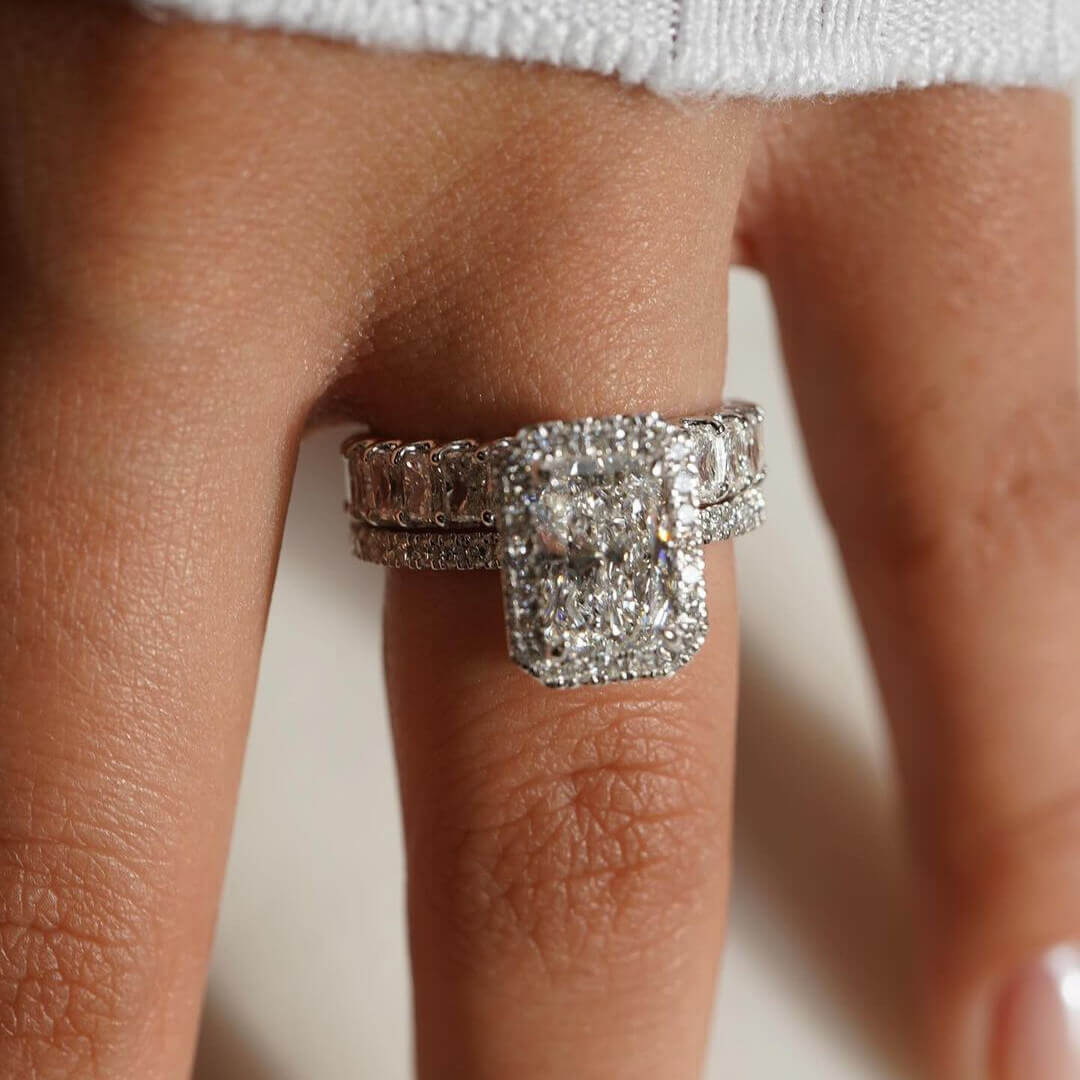 Radiant Diamond White Sterling Silver Halo Ring Set