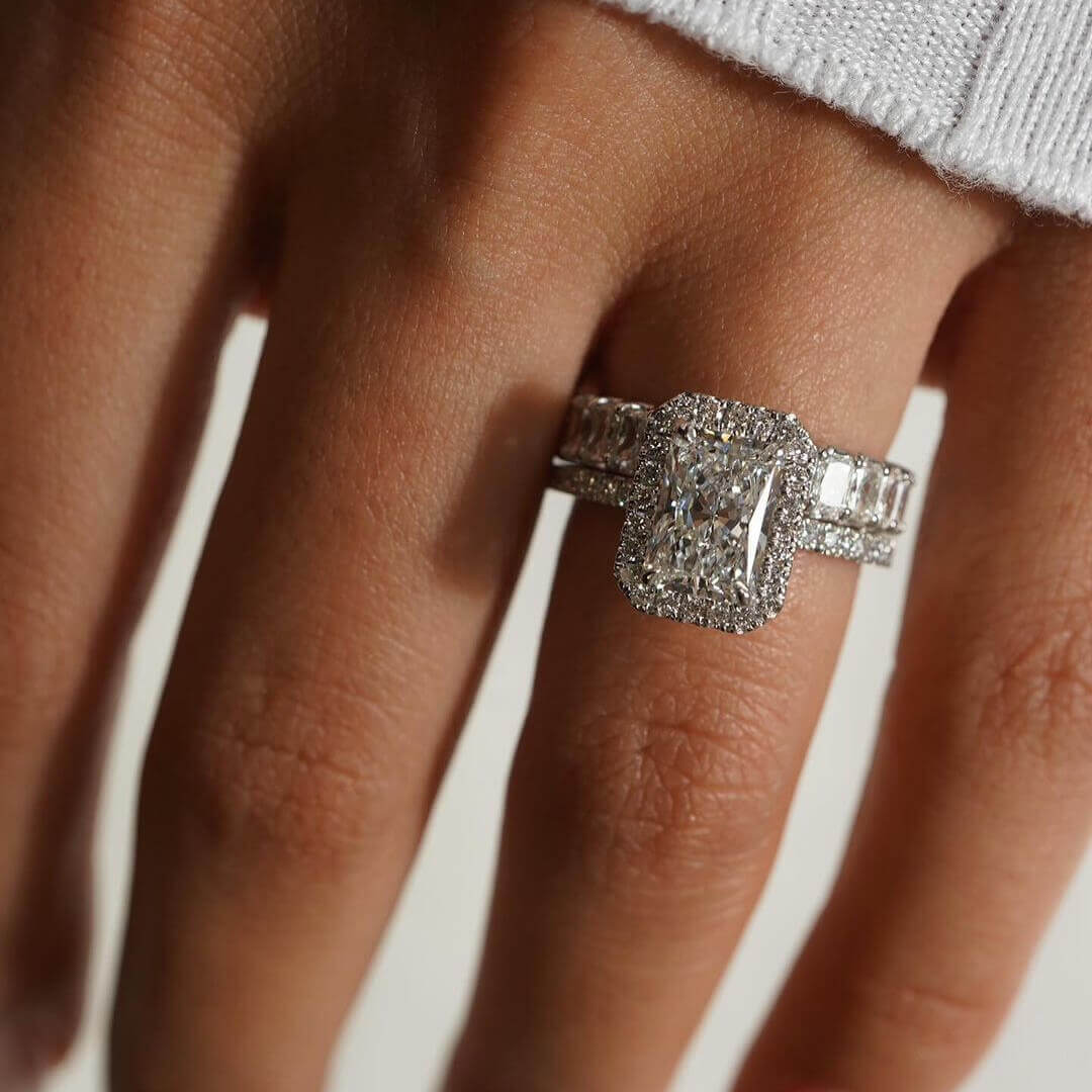 Radiant Diamond White Sterling Silver Halo Ring Set