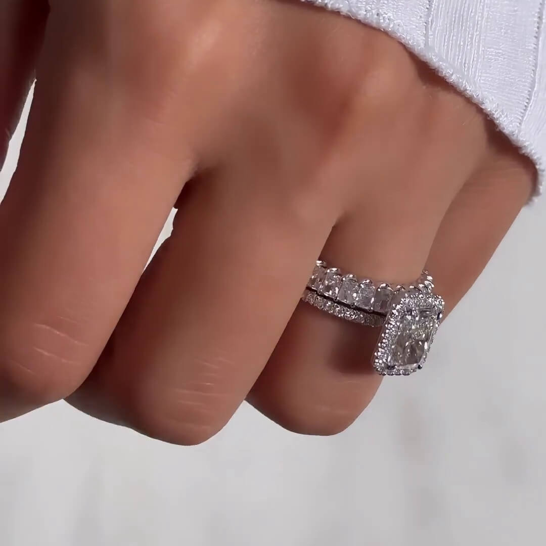 Radiant Diamond White Sterling Silver Halo Ring Set