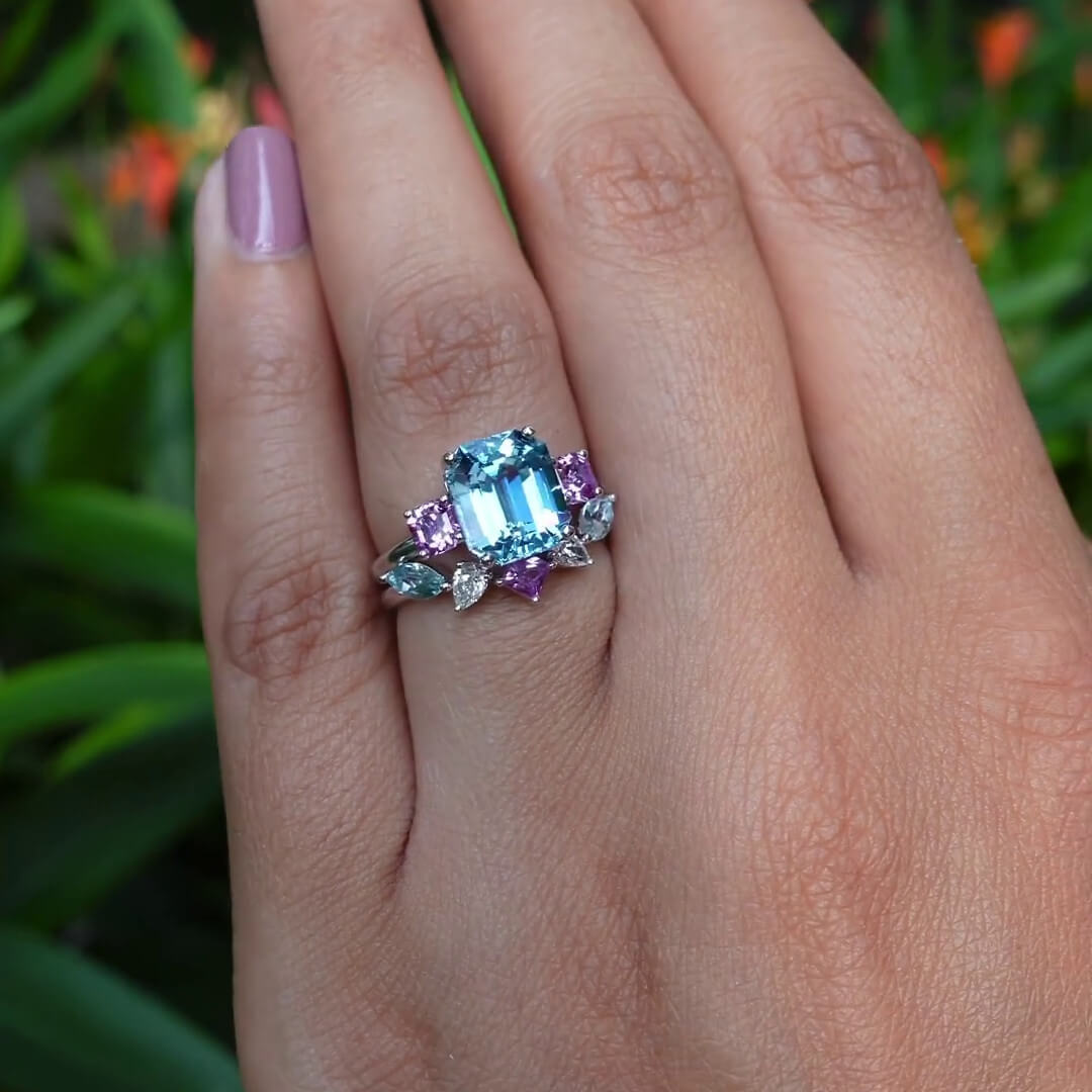 Emerald Cut Aquamarine Sterling Silver 3-Stone Ring Set