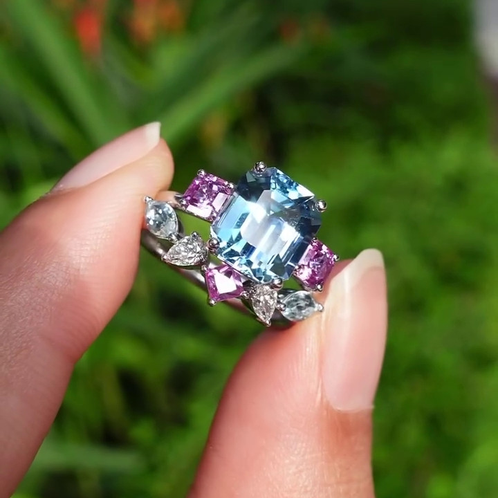 Emerald Cut Aquamarine Sterling Silver 3-Stone Ring Set