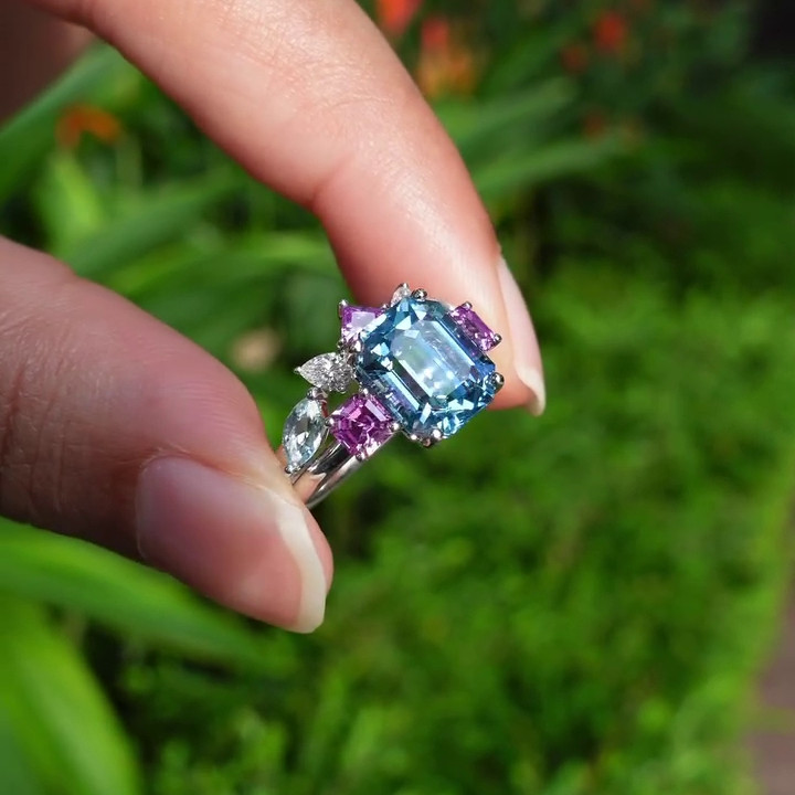 Emerald Cut Aquamarine Sterling Silver 3-Stone Ring Set