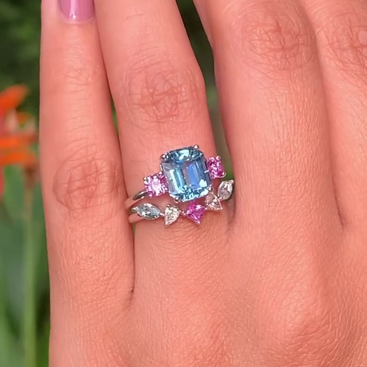 Emerald Cut Aquamarine Sterling Silver 3-Stone Ring Set