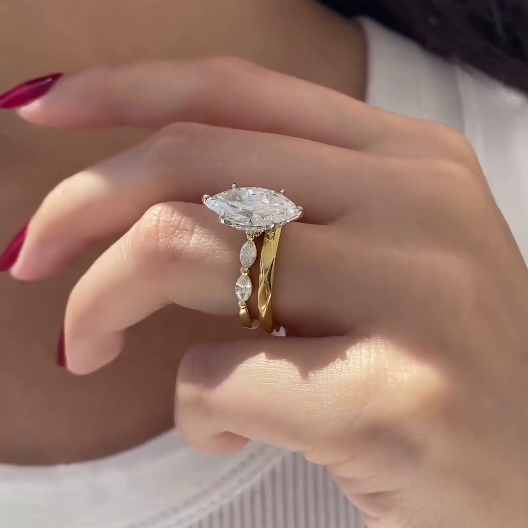 Marquise Cut Diamond White Sterling Silver Yellow Gold Hidden Halo Ring Set