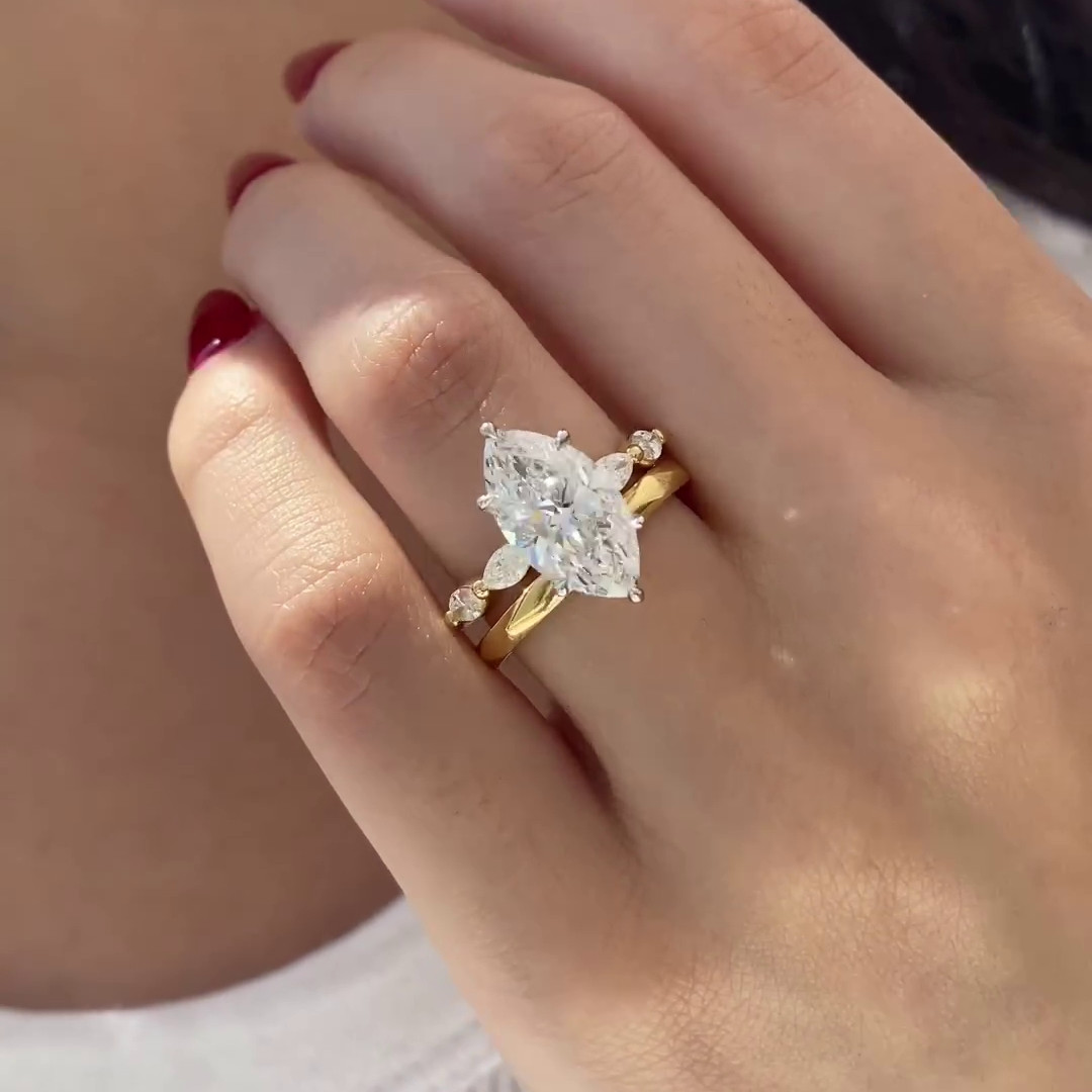 Marquise Cut Diamond White Sterling Silver Yellow Gold Hidden Halo Ring Set