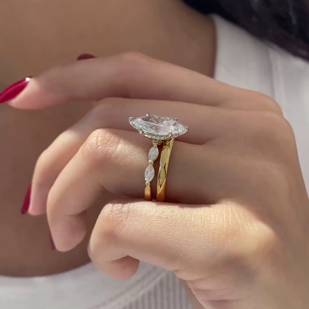 Marquise Cut Diamond White Sterling Silver Yellow Gold Hidden Halo Ring Set