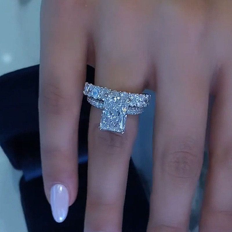 Radiant Cut Diamond White Sterling Silver Ring Set