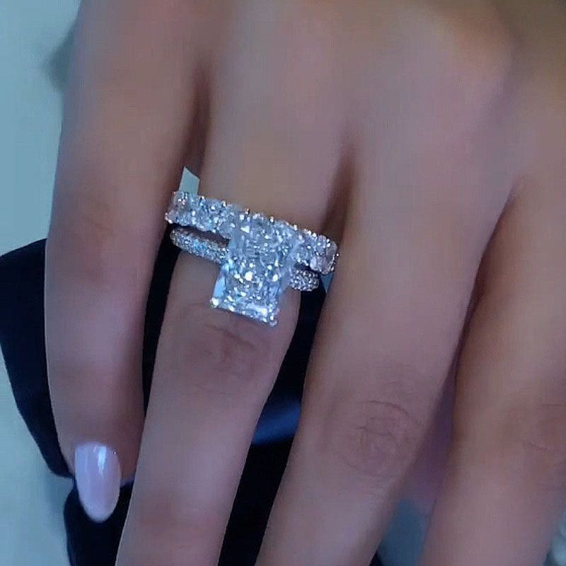 Radiant Cut Diamond White Sterling Silver Ring Set