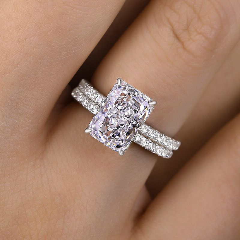 Radiant Cut Diamond White Sterling Silver Halo Ring Set