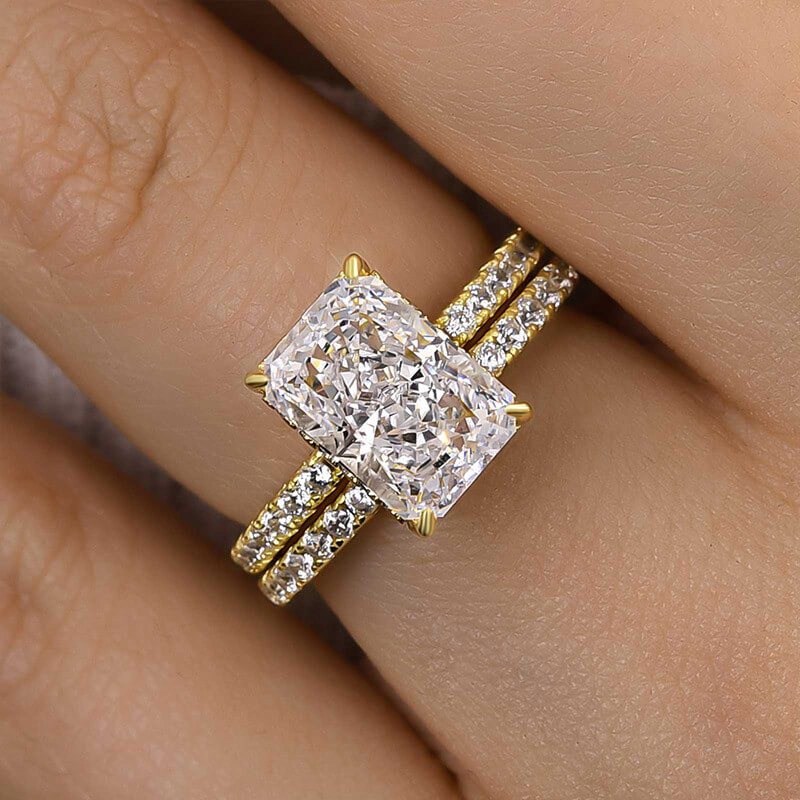 Radiant Cut Diamond White Sterling Silver Halo Ring Set