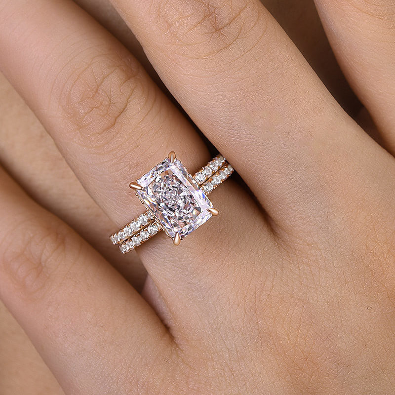 Radiant Cut Diamond White Sterling Silver Halo Ring Set