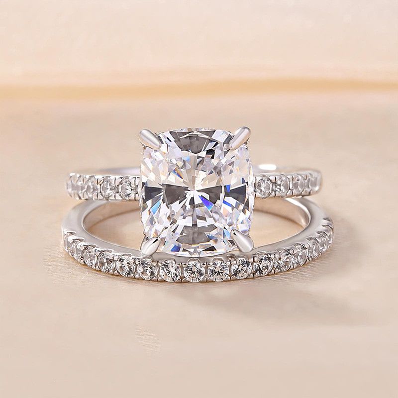 Cushion Cut Diamond White Sterling Silver Halo Ring Set