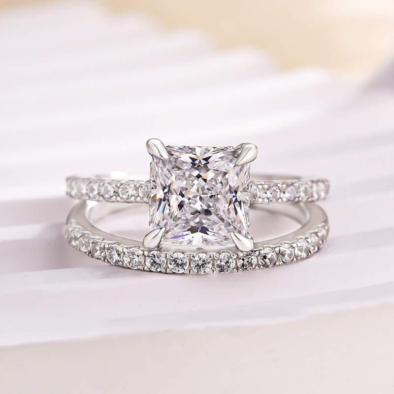 Princess Cut Diamond White Sterling Silver Halo Ring Set