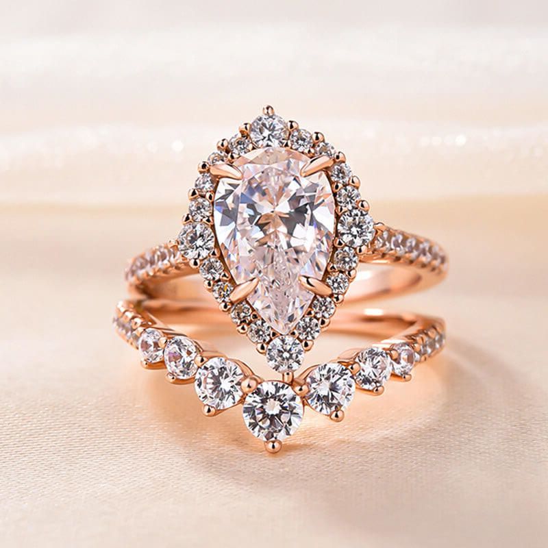 Pear Cut Diamond White Sterling Silver Halo Ring Set