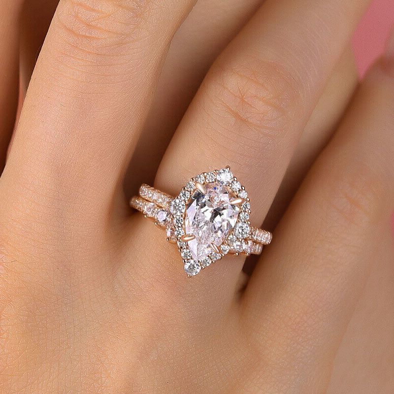 Pear Cut Diamond White Sterling Silver Halo Ring Set