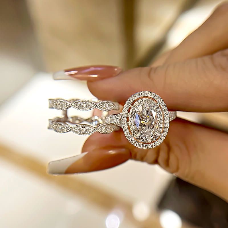 Oval Cut Diamond White Sterling Silver Double Halo Ring Set