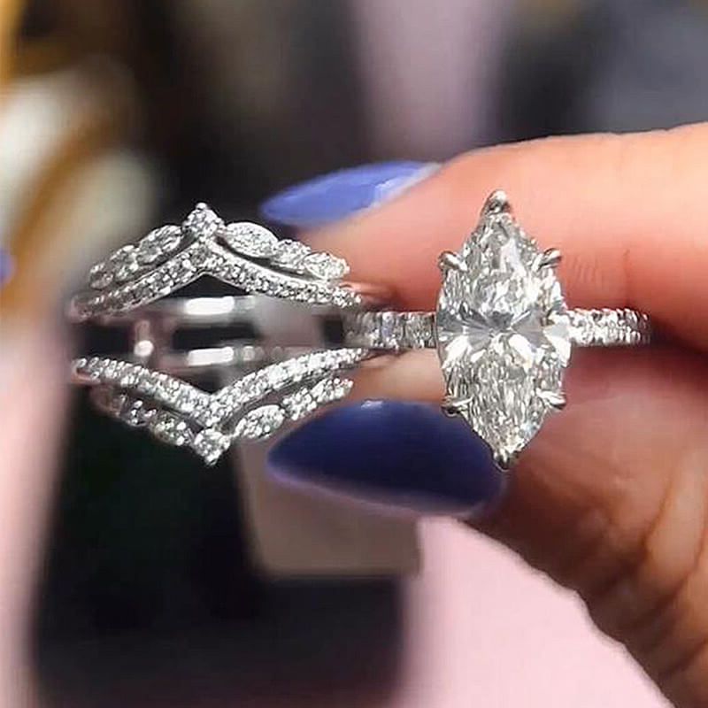 Marquise Cut Diamond White Sterling Silver Ring Set