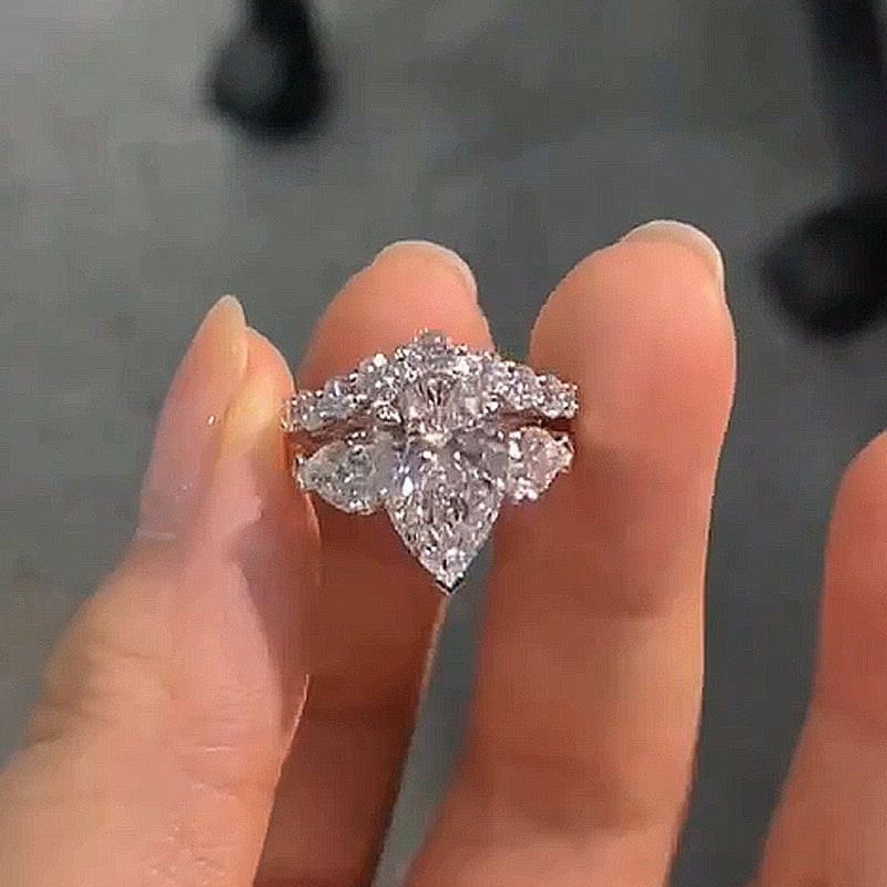 Pear Cut Diamond White Sterling Silver 3-Stone Ring Set