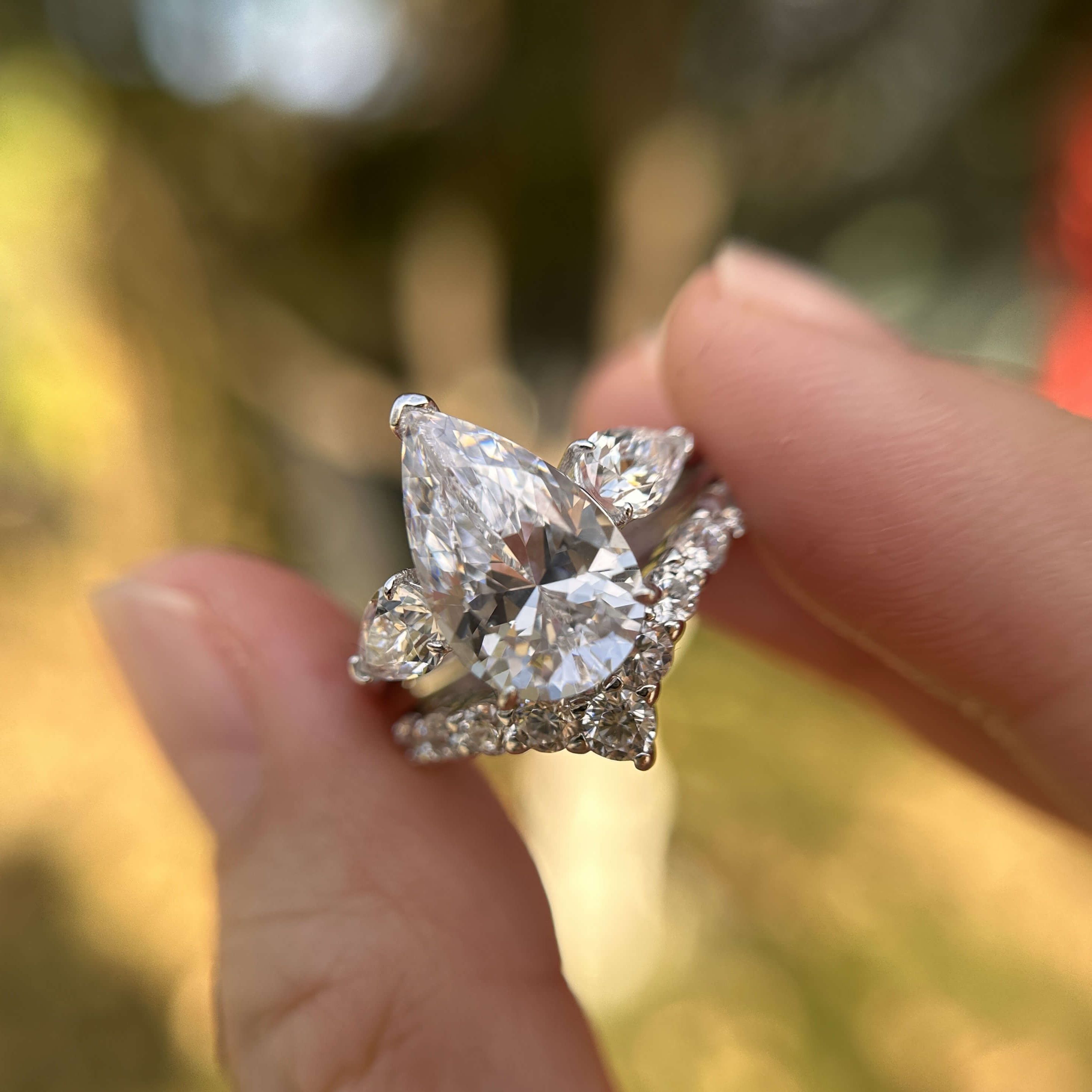 Pear Cut Diamond White Sterling Silver 3-Stone Ring Set