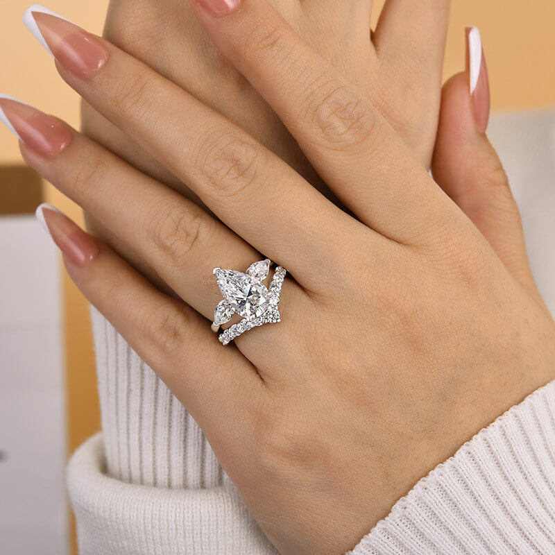 Pear Cut Diamond White Sterling Silver 3-Stone Ring Set