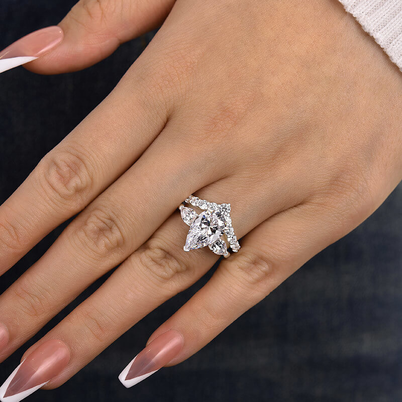 Pear Cut Diamond White Sterling Silver 3-Stone Ring Set