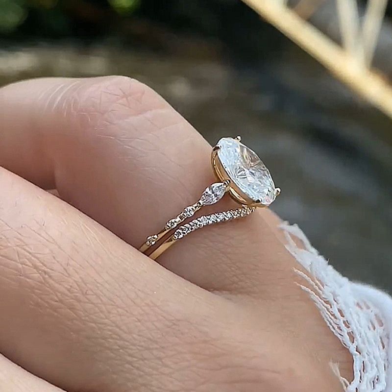 Oval Cut Diamond White Sterling Silver Yellow Gold 3-Stone Ring Set