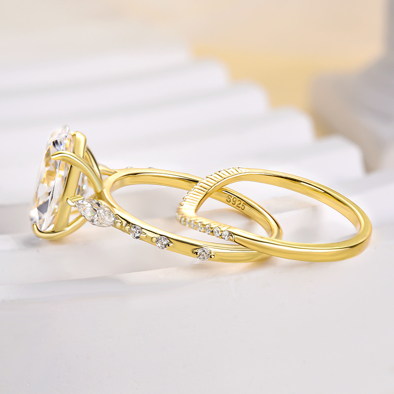 Oval Cut Diamond White Sterling Silver Yellow Gold 3-Stone Ring Set
