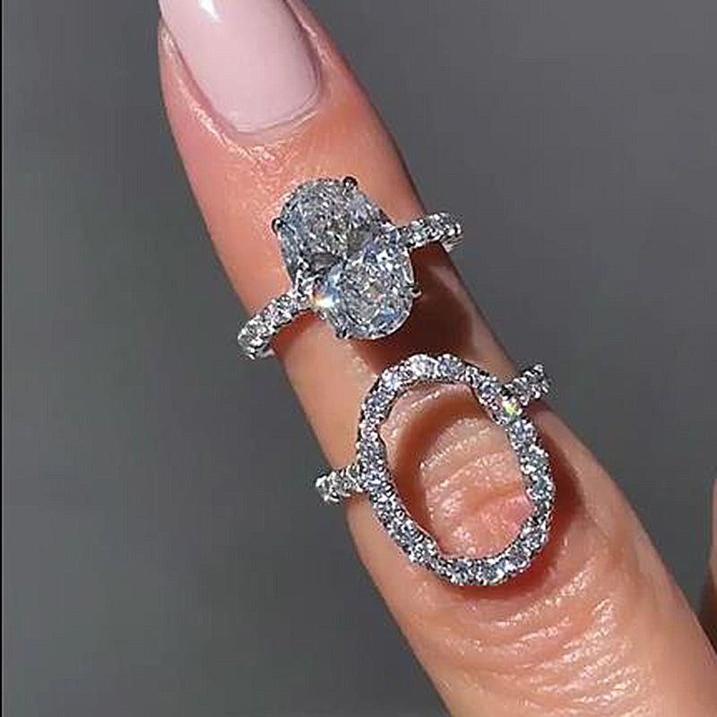 Oval Cut Diamond White Sterling Silver Halo Ring Set