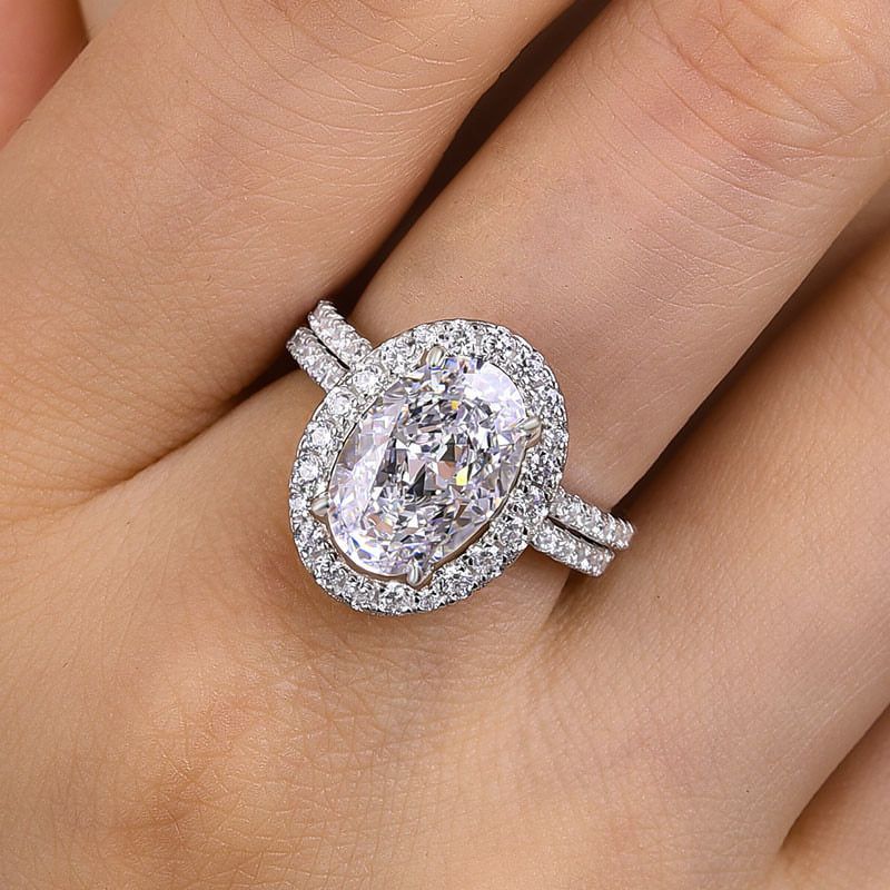 Oval Cut Diamond White Sterling Silver Halo Ring Set
