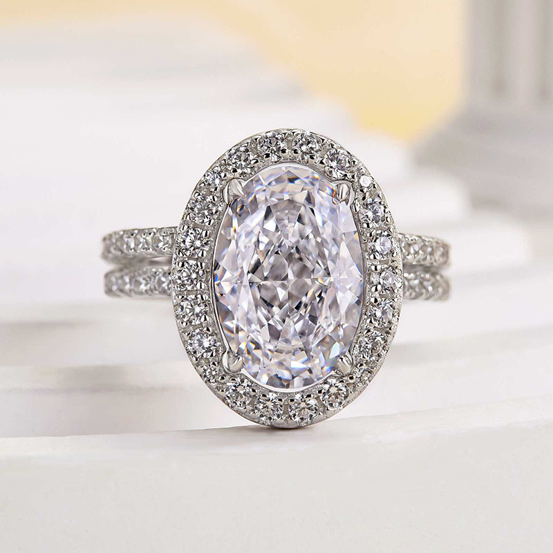Oval Cut Diamond White Sterling Silver Halo Ring Set